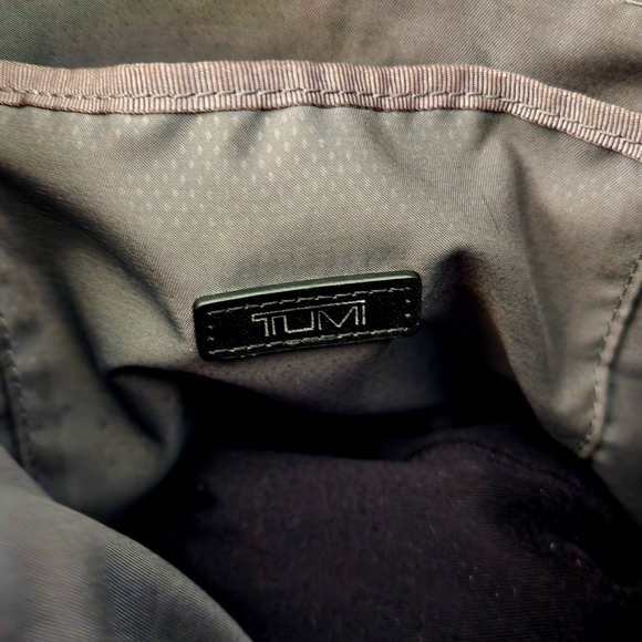 TUMI Small Laptop Backpack Blue Camo Cady Drawstring Black Leather Trim - Picture 9 of 9